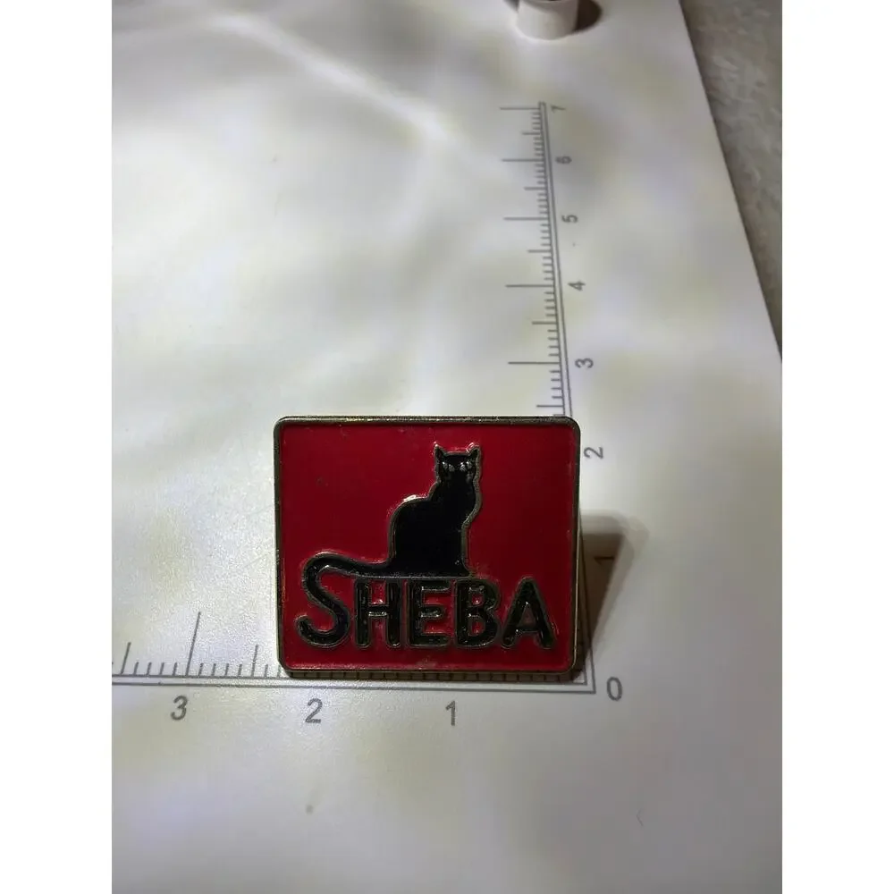 Vintage SHEBA Cat Food Advertising Enamel Lapel Pin Black Cat Red Promo Badge